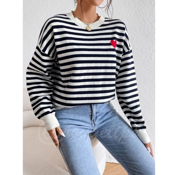 Striped Navy and White with Red Heart Pullover Knit Sweater Crewneck - Picture 5 of 9